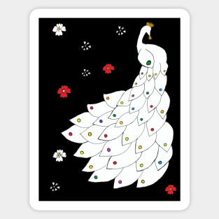 White Peacock with Flowers in a Black Background Sticker